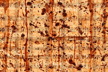 Crinkled sheet music stained with brown liquid