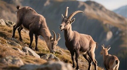Fototapeta premium Mountain Goats Grazing on Rocky Hillside