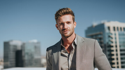A person in a light gray blazer stands outdoors with urban buildings in the background, suggesting a city environment on a clear day.