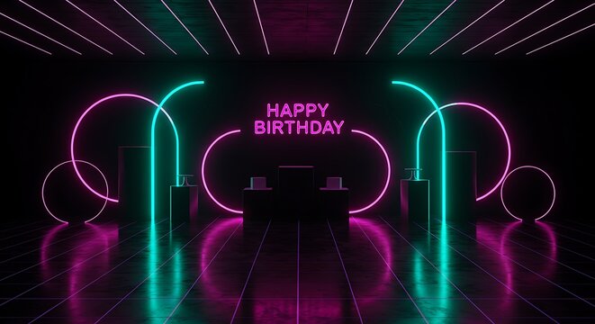Vibrant neon 'Happy Birthday' sign glows in a futuristic club setting with pulsating lights