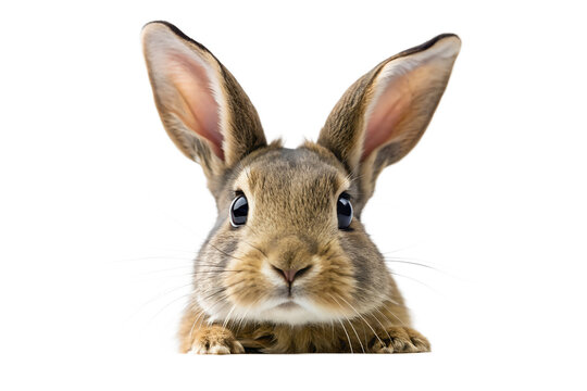 Adorable baby rabbit or bunny with long ears and big eyes, peeking out, isolated on transparent background