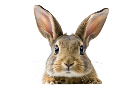 Adorable baby rabbit or bunny with long ears and big eyes, peeking out, isolated on transparent background