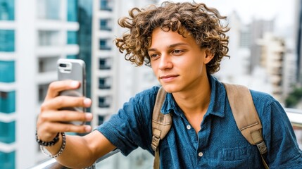 A young man with curly hair using a smartphone outdoors in an urban setting