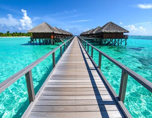 Tropical overwater bungalows on a wooden pier
