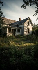 An abandoned house with overgrown yard.