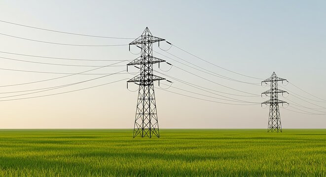 Two electricity pylons with high-voltage power lines stand tall in a vibrant green field under a wide, clear sky, symbolizing energy and infrastructure in a natural landscape.