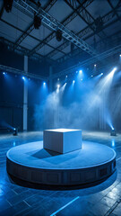 Empty circular stage with blue spotlights and smoke in a large industrial venue