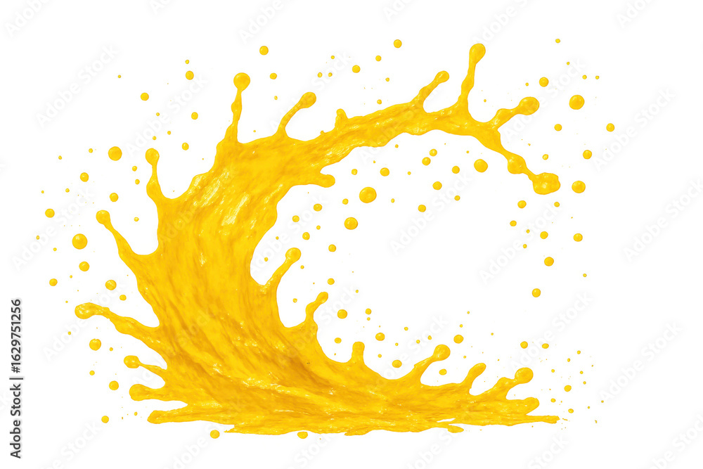 Poster orange juice dynamically splashing, forming curved wave with vivid droplets arching against transpar