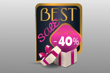 Best sale banner with pink gift box and golden frame.