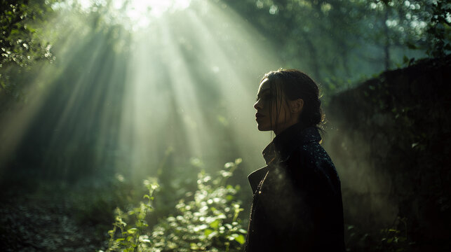 Sunlight filters through trees in a forest setting, illuminating a silhouette dressed in a coat, standing in the shadows among greenery, creating a serene and mysterious atmosphere.