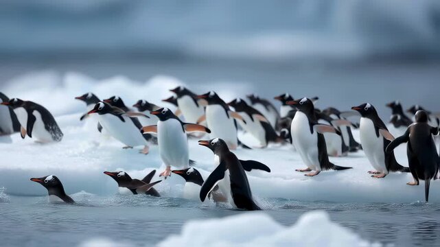 Group of gentoo penguins on a sunlit antarctic ice floe diving into frigid waters with dramatic splash, highlighting pristine polar wildlife and emphasizing environmental conservation