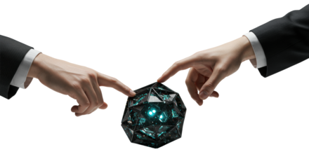 Gender-neutral hands in professional attire, gripping a dark abstract 3D object with glowing accents, in a sterile high-key studio with bokeh. Concept of analytical mastery