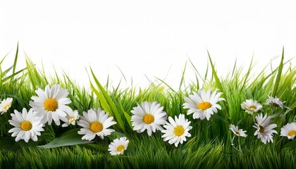 a bright fresh green grass lawn edge border with daisy flowers growing in the grass isolated against a transparent background