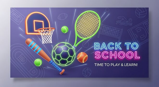 A vibrant back to school design featuring various sports equipment on a purple background vector art