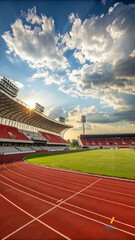 Empty athletic stadium with running track and green field under dramatic sky