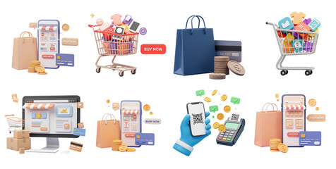 Online shopping cart with lots of paper boxes 3d illustration Shopping bags, Shopping online on mobile concept. Shopping online via laptop with money transfer credit card payments 