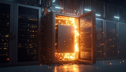 Fire in Data Center Server Rack Creates Intense Orange Glow