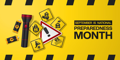 September is National Preparedness Month. Flashlight and sign. Suitable for posters, banners and social media. Yellow background.