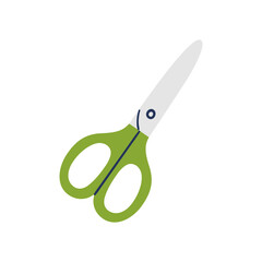 Green scissors with sharp blade and rounded handles for crafting and school. Hand drawn vector illustration.