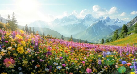 Obraz premium Colorful wildflower meadow with sunlit alpine mountains and clear blue sky