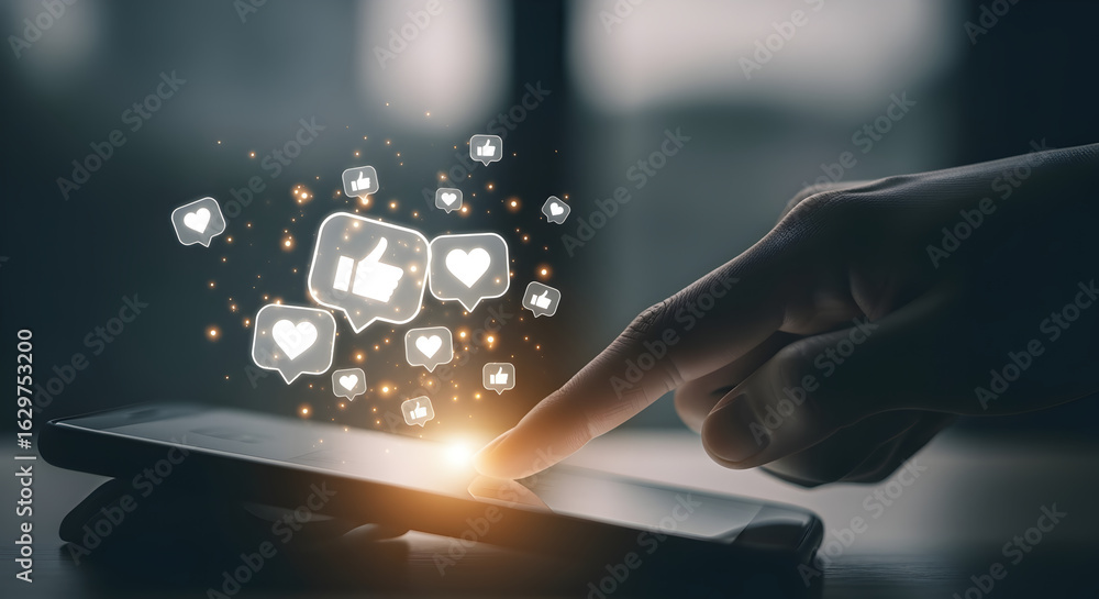 Aufkleber finger touching smartphone screen displaying floating like and heart icons with a blurry background