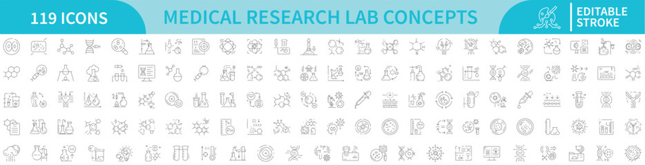 Medical research laboratory science experiment analysis healthcare innovation editable stroke icon set