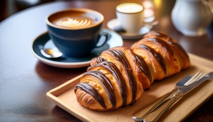french pain aux chocolat buttery pastry filled with rich chocolate served with coffee in a chic parisian bakery european baked goods timeless indulgence