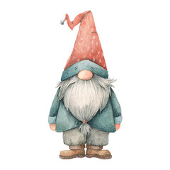 Watercolor Scandinavian Christmas Gnome with Red Hat and Teal Coat on Transparent Background  
