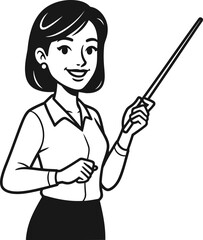 Vector art of woman presenter with a pointer stick, isolated on white background