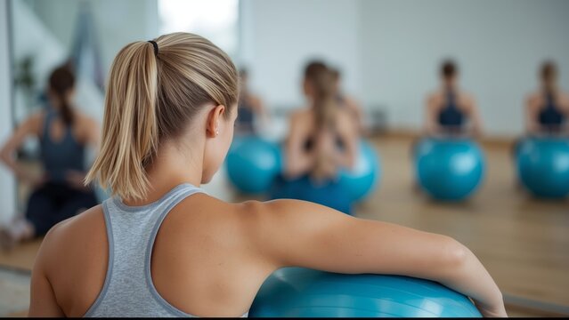Young woman exercising with blue fitness ball in gym class with group training