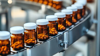 Medicine bottles filled with yellow pills move along a conveyor belt, symbolizing pharmaceutical manufacturing and industry