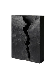 A dark gray, rectangular, fractured object