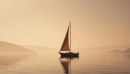 Sailboat with red sail on calm water during misty sunrise with mountain silhouette in background