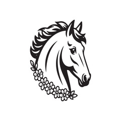 "Elegant Horse Head Silhouette with Floral Wreath &ndash; Black and White Vector Illustration"