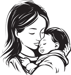 Black Vector Mother Carrying Infant Stylish Maternal Hug in Black