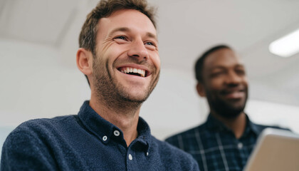 Laughing colleagues gathered around a laptop in a lively office meeting, sharing joy, camaraderie, and teamwork, with a professional yet cheerful vibe of collaboration and digital connection