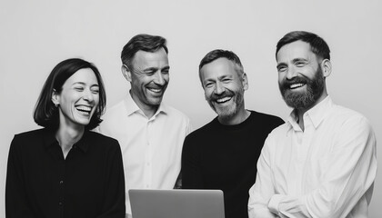 Laughing colleagues gathered around a laptop in a lively office meeting, sharing joy, camaraderie, and teamwork, with a professional yet cheerful vibe of collaboration and digital connection