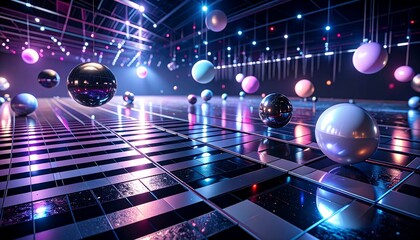 Floating Spheres on Reflective Patterned Surface with Neon Lighting
