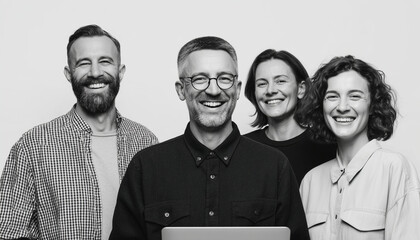 Laughing colleagues gathered around a laptop in a lively office meeting, sharing joy, camaraderie, and teamwork, with a professional yet cheerful vibe of collaboration and digital connection