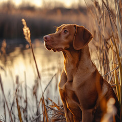 Vizsla sitting by a pond surrounded by tall reeds, peaceful and scenic, warm golden tones, UHD 8K 