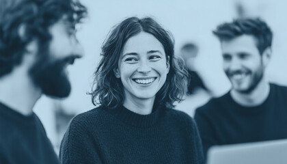 Laughing colleagues gathered around a laptop in a lively office meeting, sharing joy, camaraderie, and teamwork, with a professional yet cheerful vibe of collaboration and digital connection