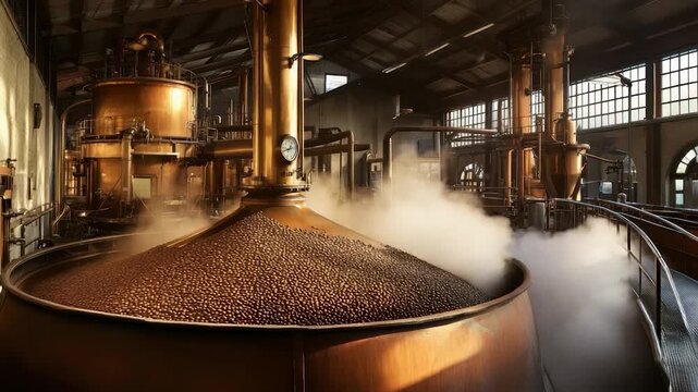 Industrial copper distillation equipment in a large hall