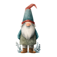 Watercolor Scandinavian Christmas Gnome with Red Hat and Teal Coat on Transparent Background  
