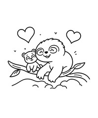 Naklejka premium Cute and Playful Sloth with Baby Sloth on a Branch Surrounded by Hearts in a Whimsical Drawing Style for Kids' Activities and Coloring Pages