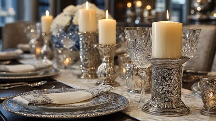 Fototapeta premium Romantic elegant dining table set with shining crystal glasses and softly glowing candles, designed for cozy dinners or festive events, with blank back wall perfect for text or logo.