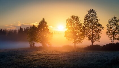 Obraz premium mystical landscape with fog trees and rising sun in background