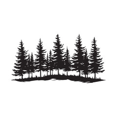 Fototapeta premium Silhouette of a pine forest silhouette, Pine Forest Silhouette Vector Illustrations, pine tree forest silhouette vector illustration, black silhouette forest tree lines and natural landscape elements