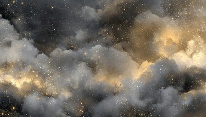 Obraz premium A swirling expanse of dark and light gray clouds, speckled with golden stars