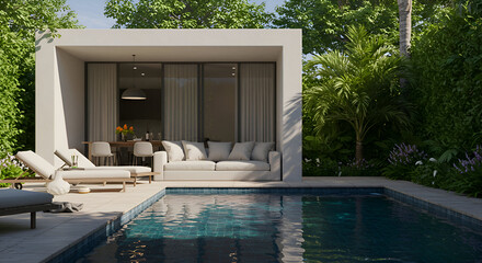 Modern outdoor living space with neutral tones and tropical landscaping. Relaxing seating area around a swimming pool with a covered patio.