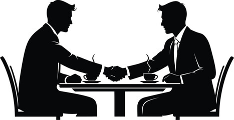 Two businessmen shaking hands over a table with coffee cups and a cityscape in the background silhouette